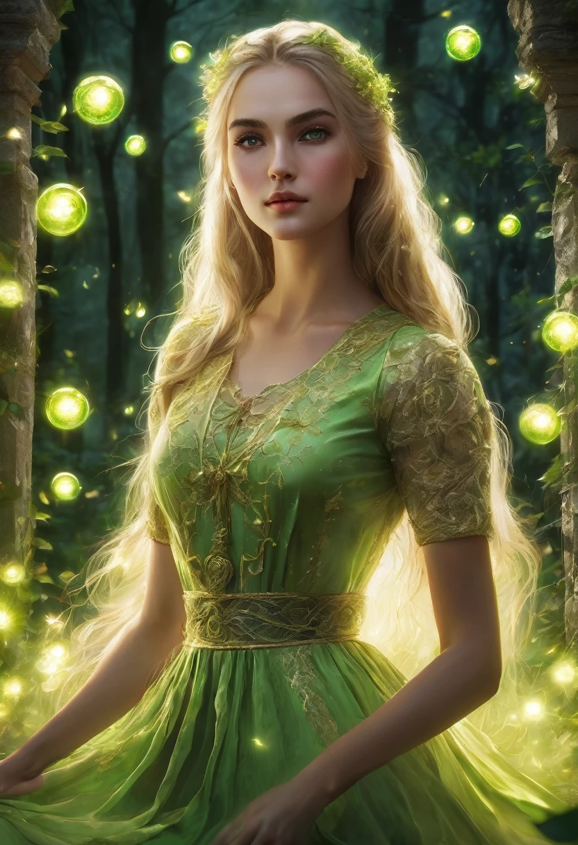 Beautiful girl, 25 years, long light golden hair, green eyes, long, thick eyelashes, Light Healer, Combat, in a simple green dress from the 19th century, shining sphere in hands, in the mansion, Fireflies, trees and plants, rose with thorns, unearthly beauty, fantasy, digital art, bright light, complex parts, Focus on the face, Exquisite, sharpness, depth, photorealism, professional photo, cgi, diffuse reflection, full hd wallpaper, epic, k, f/16, 1/300s, s750, HDR, ultrahd, 50mm lens