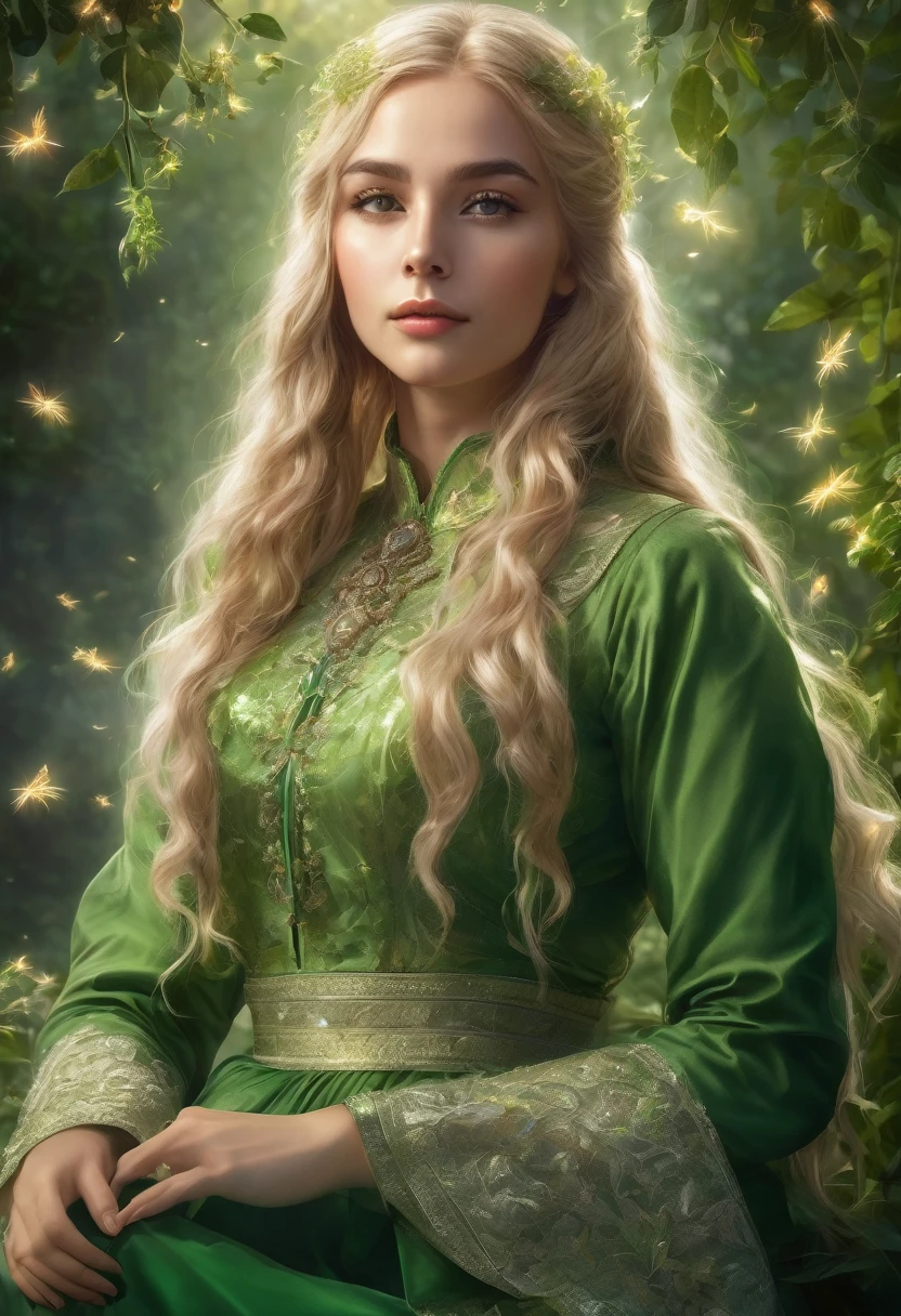 Beautiful girl, 25 years, long light golden hair, green eyes, long, thick eyelashes, Light Healer, Combat, in a simple green dress from the 19th century, shining sphere in hands, in the mansion, Fireflies, trees and plants, rose with thorns, unearthly beauty, fantasy, digital art, bright light, complex parts, Focus on the face, Exquisite, sharpness, depth, photorealism, professional photo, cgi, diffuse reflection, full hd wallpaper, epic, 64k, f/16, 1/300s, s750, HDR, ultrahd, 50mm lens