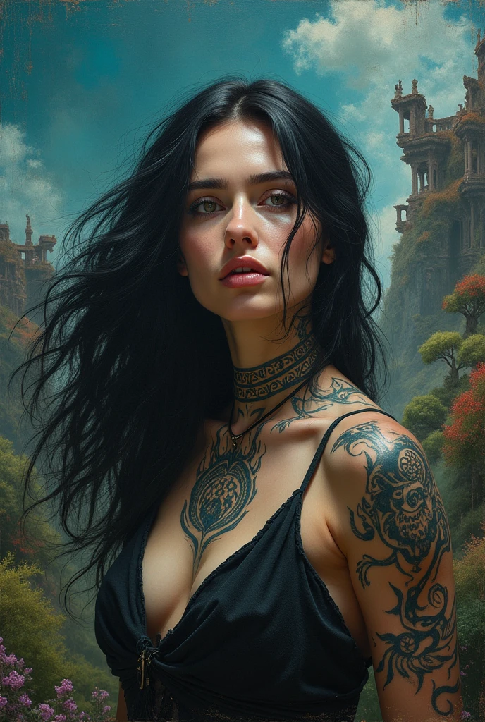 (monochrome:1.3), black and white photography, dark theme, (realistic, photo-realistic:1.37), (oh, woman), woman with tribal tattoos on face and neck, realistic, cowboy shot, fantasy world, vibrant colors, dramatic lighting, oil painting style, mystical atmosphere, flowing hair, surreal landscapes, intricate details, ethereal beings, supernatural elements, ancient ruins, magical creatures