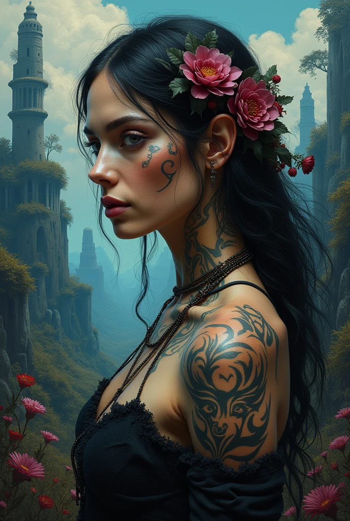 (monochrome:1.3), black and white photography, dark theme, (realistic, photo-realistic:1.37), (oh, woman), woman with tribal tattoos on face and neck, realistic, cowboy shot, fantasy world, vibrant colors, dramatic lighting, oil painting style, mystical atmosphere, flowing hair, surreal landscapes, intricate details, ethereal beings, supernatural elements, ancient ruins, magical creatures