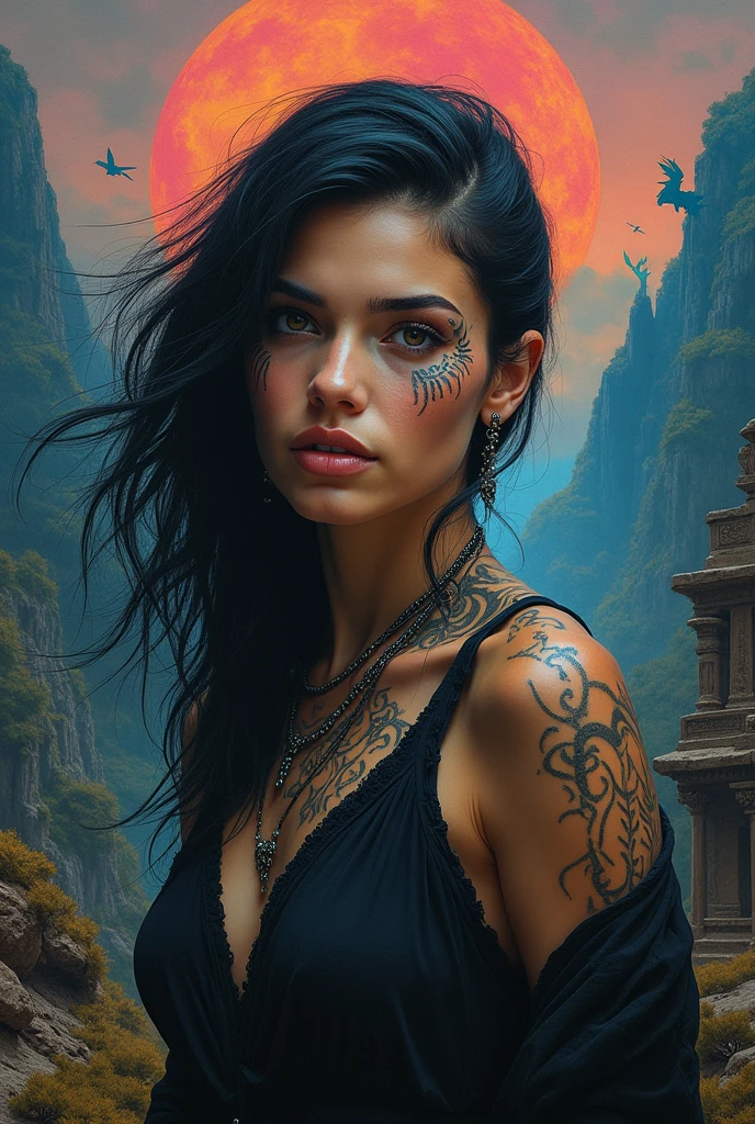 (monochrome:1.3), black and white photography, dark theme, (realistic, photo-realistic:1.37), (oh, woman), woman with tribal tattoos on face and neck, realistic, cowboy shot, fantasy world, vibrant colors, dramatic lighting, oil painting style, mystical atmosphere, flowing hair, surreal landscapes, intricate details, ethereal beings, supernatural elements, ancient ruins, magical creatures