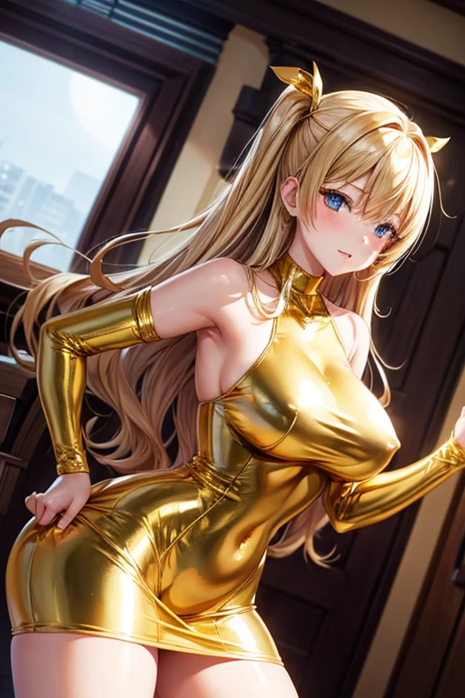 Anime sexy girl in gold tight dress sucks cock