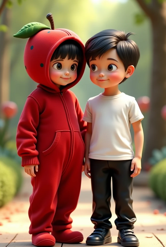 A kid wearing velvet material jumpsuit of a fruit apple , standing with another kid wearing a white T shirt and black pant with black shoe
