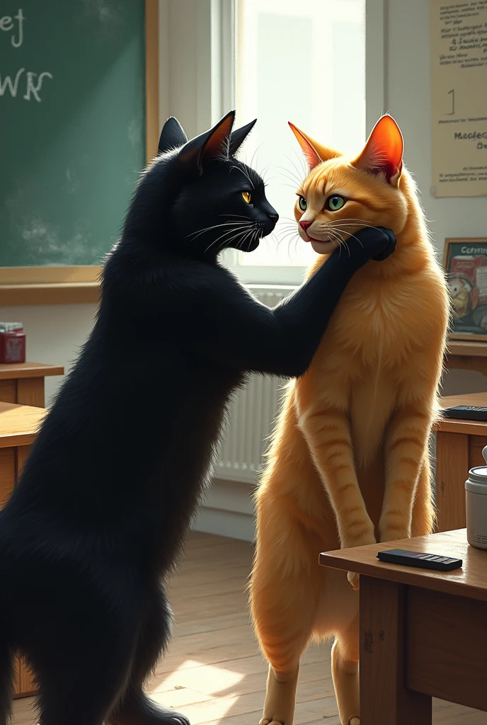 black cat slaps tall skinny cat in the face in school