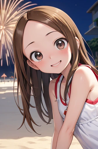 (Super detailed)(Master quality)(RAW Photos))(8k)(Realistic, photo Realistic:1.2)(Super detailed anime)(Anime Style) ((Highest quality)),(MS. Takagi who is good at teasing)(Sandy beach, sand, night fireworks)((Middle school students、Baby Face))