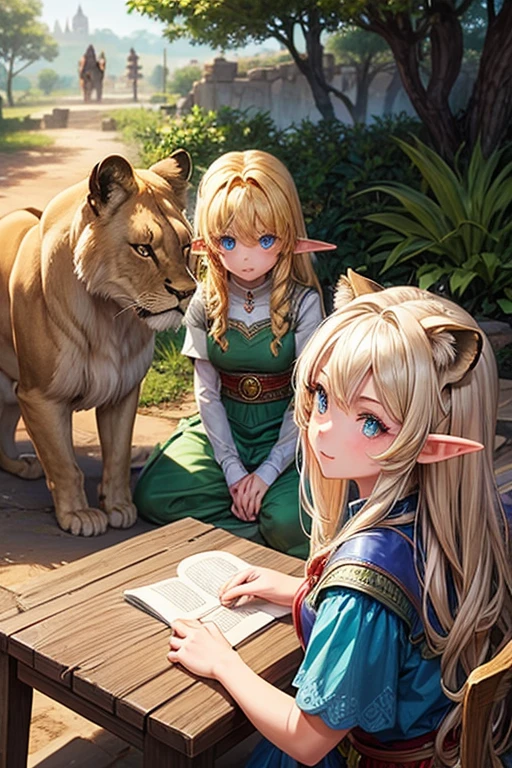 3 girls Elf girl , Lioness eyes girl, African girl , Medieval clothing