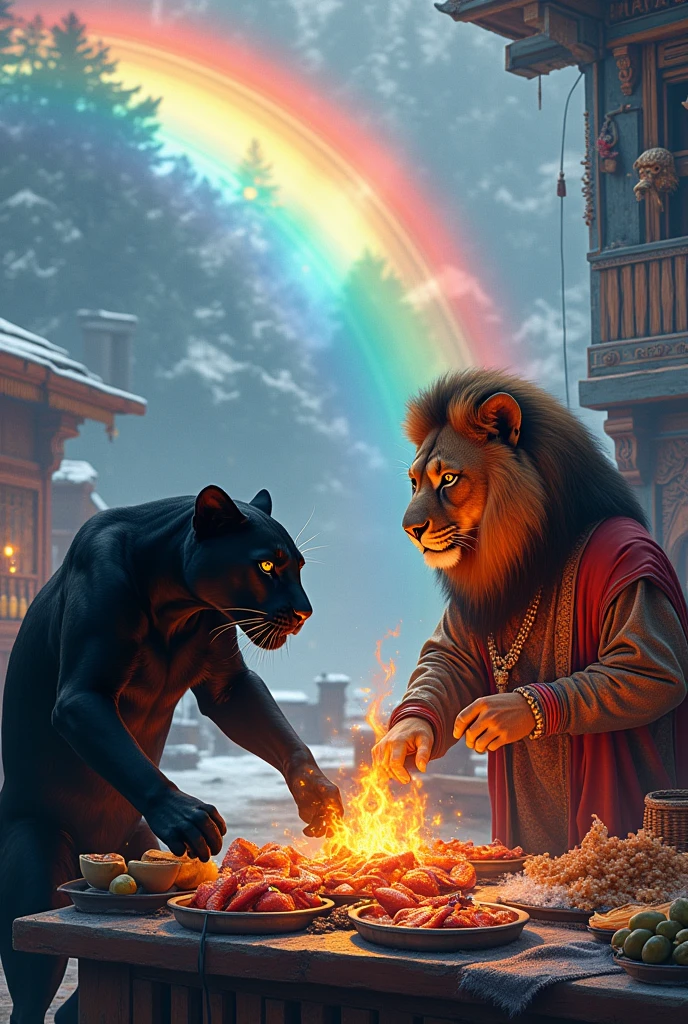 Kerala fish market in kashmir with black panther cleaning the fishes and lion cooking in a Indian attair
Wile snowing and fire raining with rain bow in background