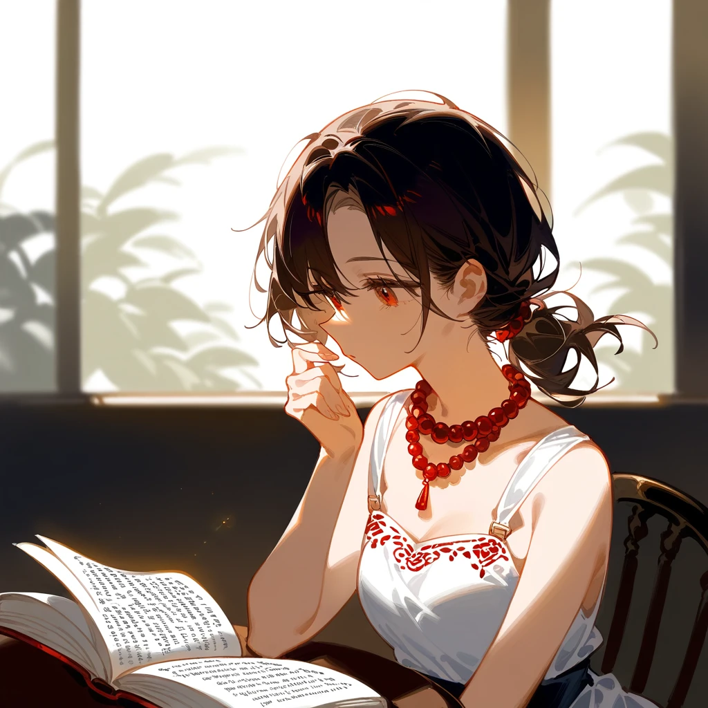 A serene and intimate portrait of a young woman absorbed in reading a book. She is seated at a table, with her left hand supporting her head as she reads. The woman wears a white dress with delicate blue and red embroidered details around the collar and cuffs. A vibrant red beaded necklace adds a touch of color to her attire. The light source, positioned from the left, softly illuminates her face and the pages of the book, creating gentle shadows that enhance the peaceful atmosphere. Her dark hair is loosely tied back, and her expression is one of deep concentration and calm. The background is simple and dark, further drawing attention to the woman and her quiet activity. The overall scene evokes a sense of contemplation and solitude.