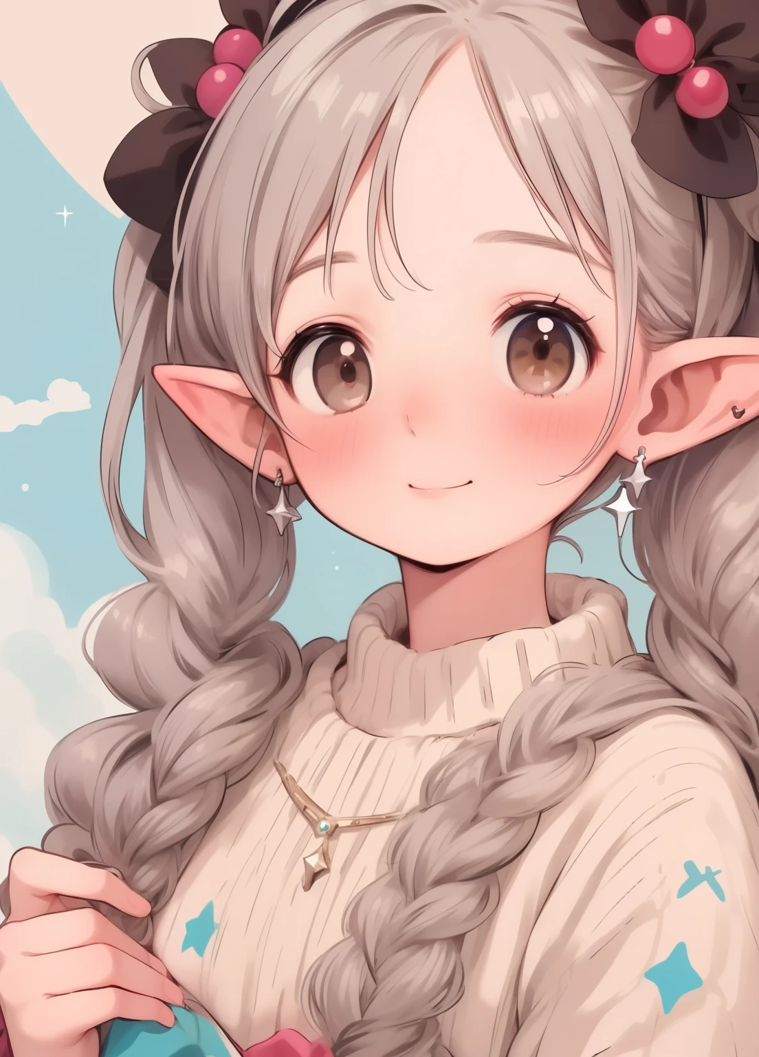 (masterpiece、Highest quality、Highest quality、Official Art、Beautiful and beautiful:1.2)、(One person:1.3)Hatsune Miku、Twin tails,Beautiful breasts, Katsushika Hokusai,16K、masterpiece、High resolution、((10 generations of women))、((Brown Skin))、((Pointy Ears))、((Beautiful silver hair))、((Do not wear jewelry))、Smiling Kindly、blush、Thin fabric clothing、Starry Sky、look at me、((Upper body close-up))