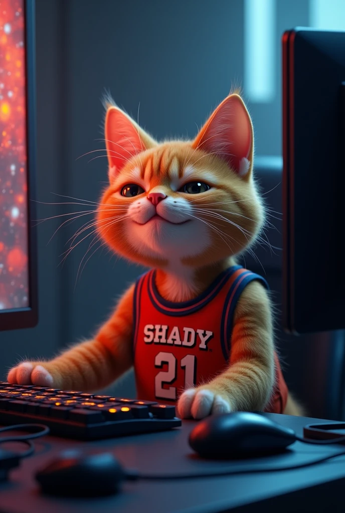 A cheerful ginger cat in a basketball uniform with the name Shady and number 21, playing computer in black gaming room