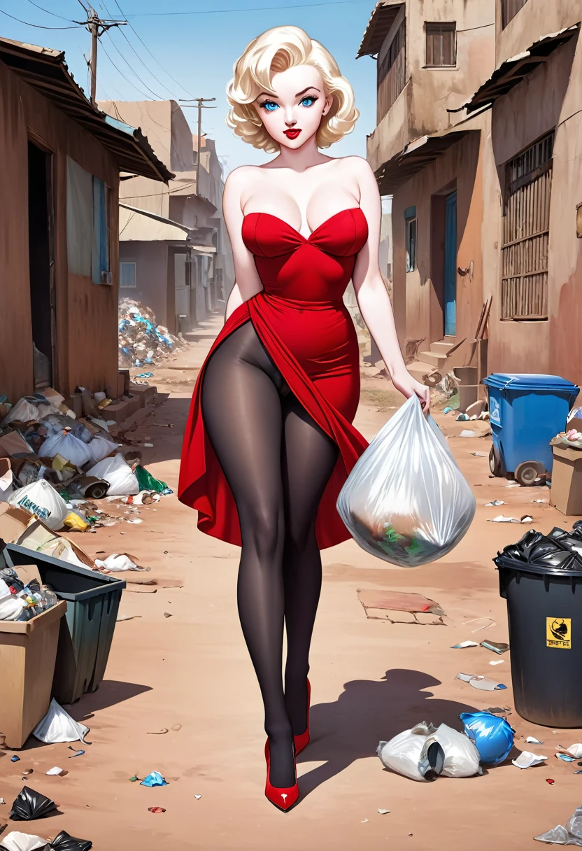 masterpiece, small size head, pinup,Marilyn Monroe, pale skin, blue eyes, stunning, wearing red royal dress, black pantyhose ,red stilettos ,thick calves, long thick legs , big ass. She is walking in poor african Town with a Lot of garbage.