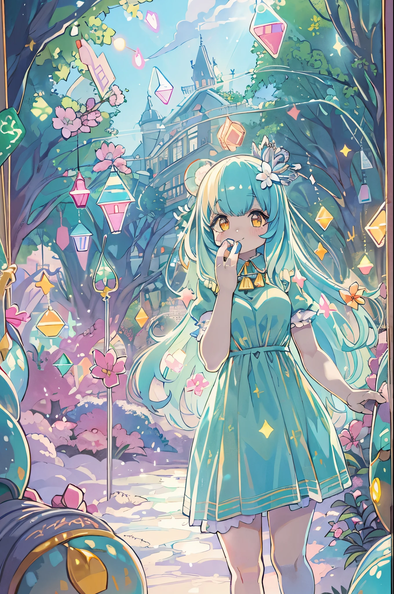 (Fluorescent color:1.4),(translucent:1.4),(Retro Filter:1.4), (Fantasy:1.4), Candy World、Disneyland、null気のような、soft、fluffy、soft風景、forest、Snow Avatar、pastelピンク、null、green、green、shine、null気のような光、pastel、capricious light、rainbow、star、diamond、shine、Jewelry Background、Ultra-realistic、Ultra-quality cinematic lighting、Highly detailed Full HD painting、bright,Diagonal bangs, , Collared dress,~ side, masterpiece, Highest quality,Real Skin,(Portraiture:1.5), One person, Blunt bangs, Long Hair