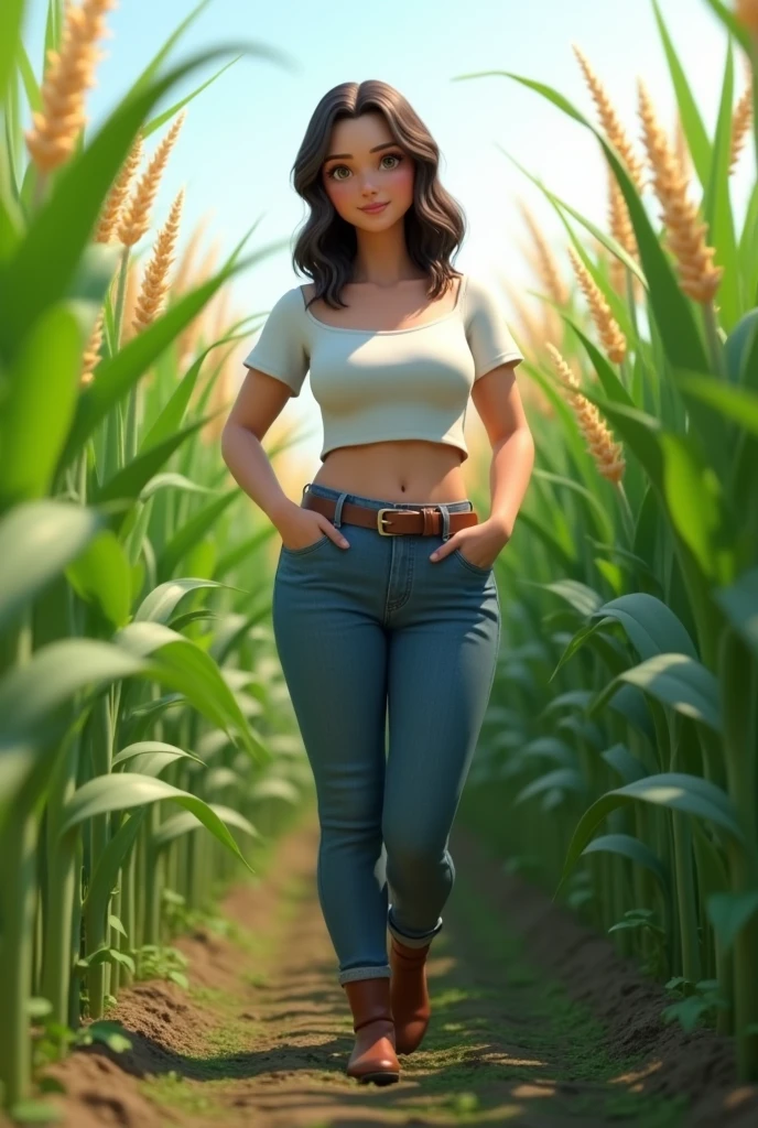 3d animation, 20-year-old girl, agronomist, skinny, with white skin, big-bodied, with medium-length dark brown hair, wearing jeans with a buckle belt, wearing ankle boots, with a short blouse showing her belly, in the middle of a sorghum plantation