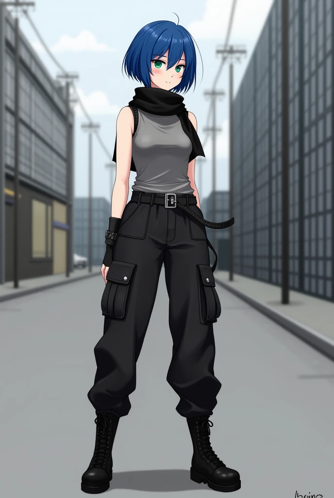 a girl wears black scarf, sleeveless gray turtleneck with black stripes at the end of shoulders, black belt, black jogger cargo pants, black combat boots. She has blue short hair, her bangs is covered her left eye, teal color eyes.