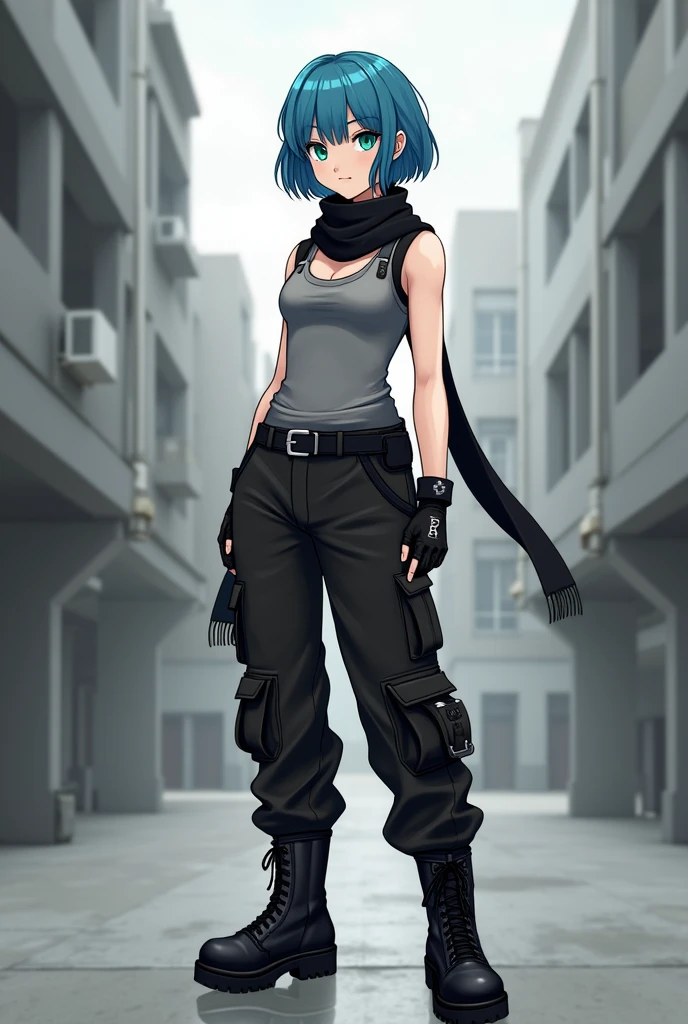 a girl wears black scarf, sleeveless gray turtleneck with black stripes at the end of shoulders, black belt, black jogger cargo pants, black combat boots. She has blue short hair, her bangs is covered her left eye, teal color eyes.