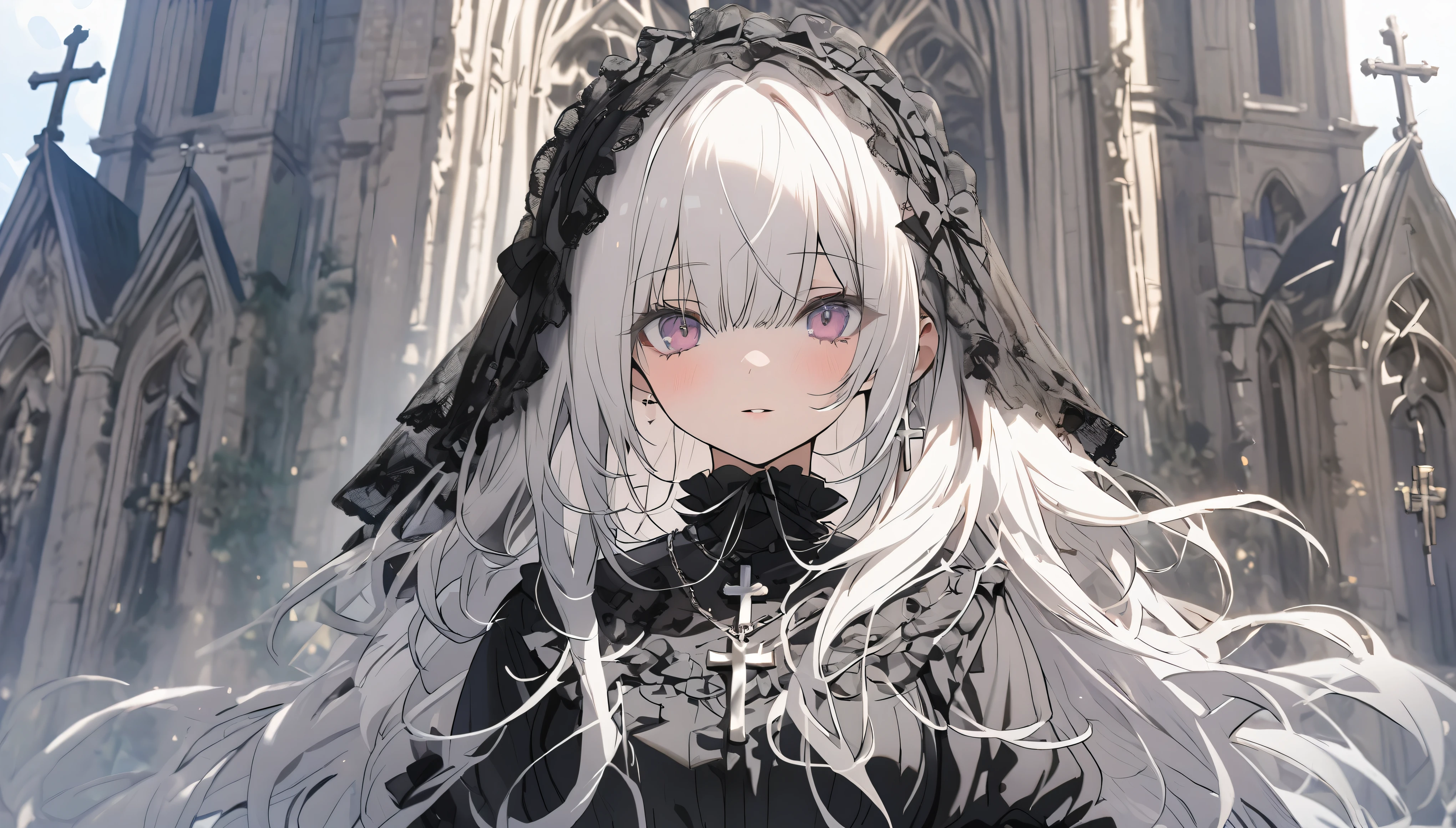 Beautiful girl with white hair,Black ta Outfit,Lolieil,cross pendant,Standing in front of the church garden,Character Close-up,Full body shot