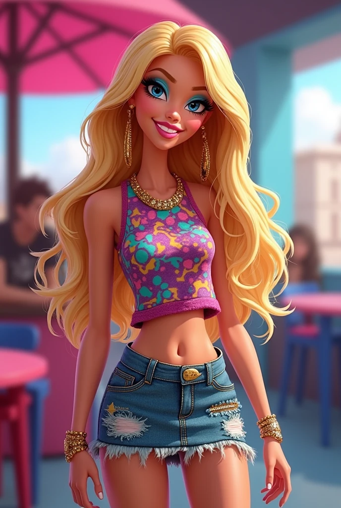 "Depict Cloe from Bratz in a vibrant and fashion-forward scene that highlights her energetic and trendy character. She is dressed in a stylish, sleeveless top paired with a chic mini skirt, both featuring bold, playful patterns and colors that reflect her dynamic personality. Her outfit is complemented by trendy accessories like statement earrings and a stylish belt, enhancing her fashionable look.

Cloe’s long, blonde hair is styled in voluminous waves, falling gracefully around her shoulders. Her hair is often highlighted with subtle streaks that add a touch of brightness and dimension. Her makeup is fresh and youthful, with shimmering eyeshadow in shades of blue or gold, perfectly accentuating her striking blue eyes. Her long lashes are defined and bold, and her eyebrows are well-groomed and arched. She wears a soft pink or coral lipstick, adding a youthful glow to her radiant smile.

Cloe stands confidently with a playful, sassy expression, capturing her fun-loving and spirited nature. The setting is a stylish, modern space that complements her chic fashion, perhaps featuring a vibrant cityscape or trendy café in the background. The scene showcases Cloe’s engaging personality and her knack for setting trends, making her a standout figure with an effortlessly cool and glamorous presence."