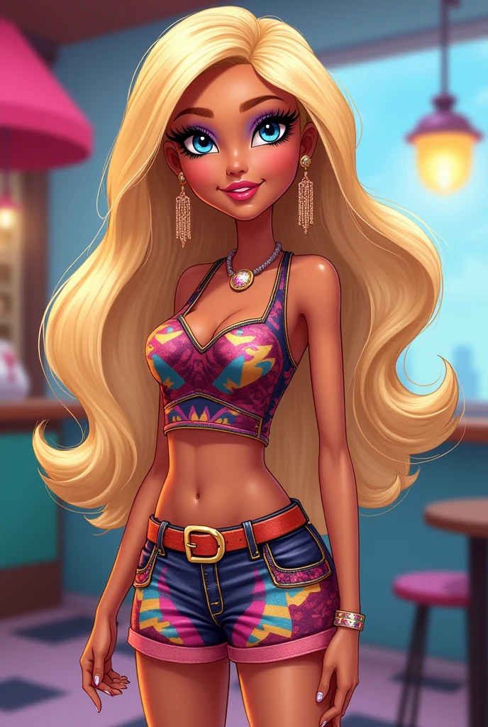 "Depict Cloe from Bratz in a vibrant and fashion-forward scene that highlights her energetic and trendy character. She is dressed in a stylish, sleeveless top paired with a chic mini skirt, both featuring bold, playful patterns and colors that reflect her dynamic personality. Her outfit is complemented by trendy accessories like statement earrings and a stylish belt, enhancing her fashionable look.
Cloe’s long, blonde hair is styled in voluminous waves, falling gracefully around her shoulders. Her hair is often highlighted with subtle streaks that add a touch of brightness and dimension. Her makeup is fresh and youthful, with shimmering eyeshadow in shades of blue or gold, perfectly accentuating her striking blue eyes. Her long lashes are defined and bold, and her eyebrows are well-groomed and arched. She wears a soft pink or coral lipstick, adding a youthful glow to her radiant smile.
Cloe stands confidently with a playful, sassy expression, capturing her fun-loving and spirited nature. The setting is a stylish, modern space that complements her chic fashion, perhaps featuring a vibrant cityscape or trendy café in the background. The scene showcases Cloe’s engaging personality and her knack for setting trends, making her a standout figure with an effortlessly cool and glamorous presence."