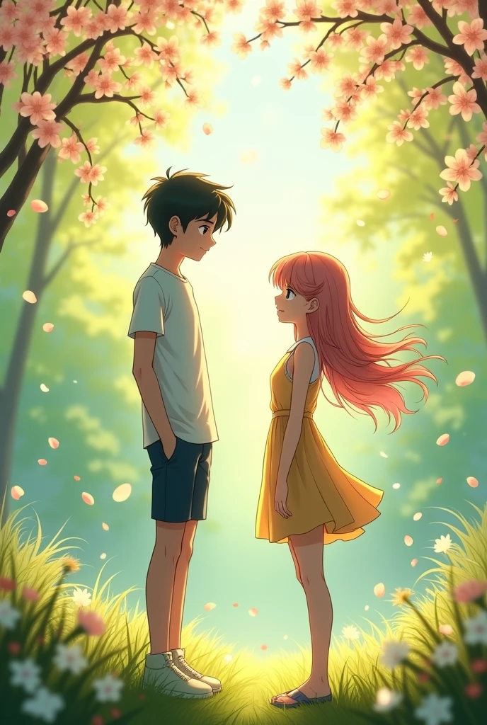 A 20 year old anime boy and 1 anime girl is standing in the spring season