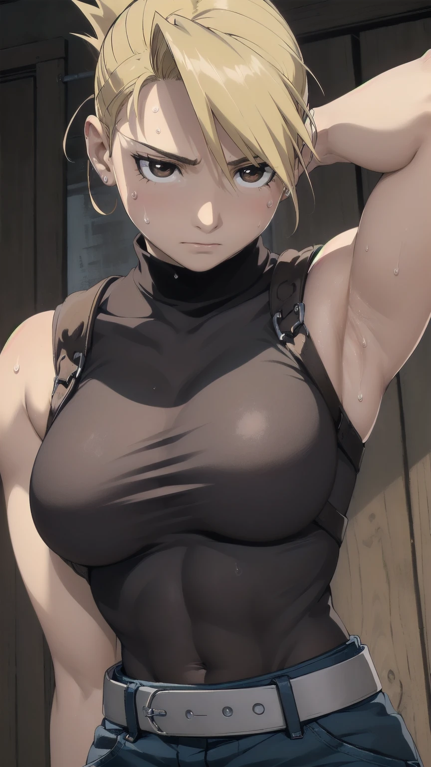 masterpiece, highest quality, High resolution, One Girl, Hamriz, ponytail, Brown eyes,big , Black Shirt, Tight shirt, holster, Short sleeve, belt, Covered navel, Blue pants,indoor、Upper body close-up、Muscular body、blush、Sweat、Composition from the front、anime、(((Close-up of a person、大きなおっぱい、Both armpits exposed、Sweat、Look forward)))