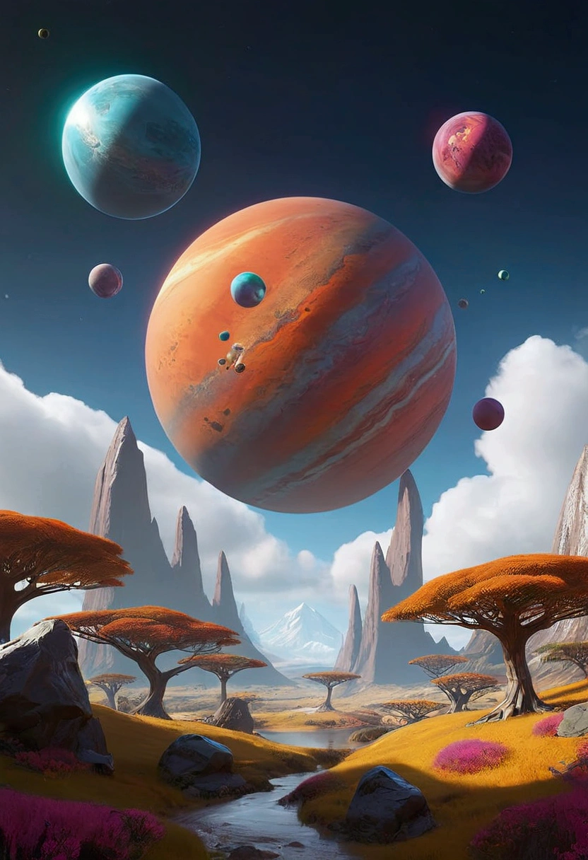 a flat world full of gems, planets, Octane rendering, surreal