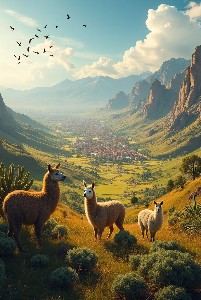 Create a landscape of the city of combarbalá chile together with animals from the sona