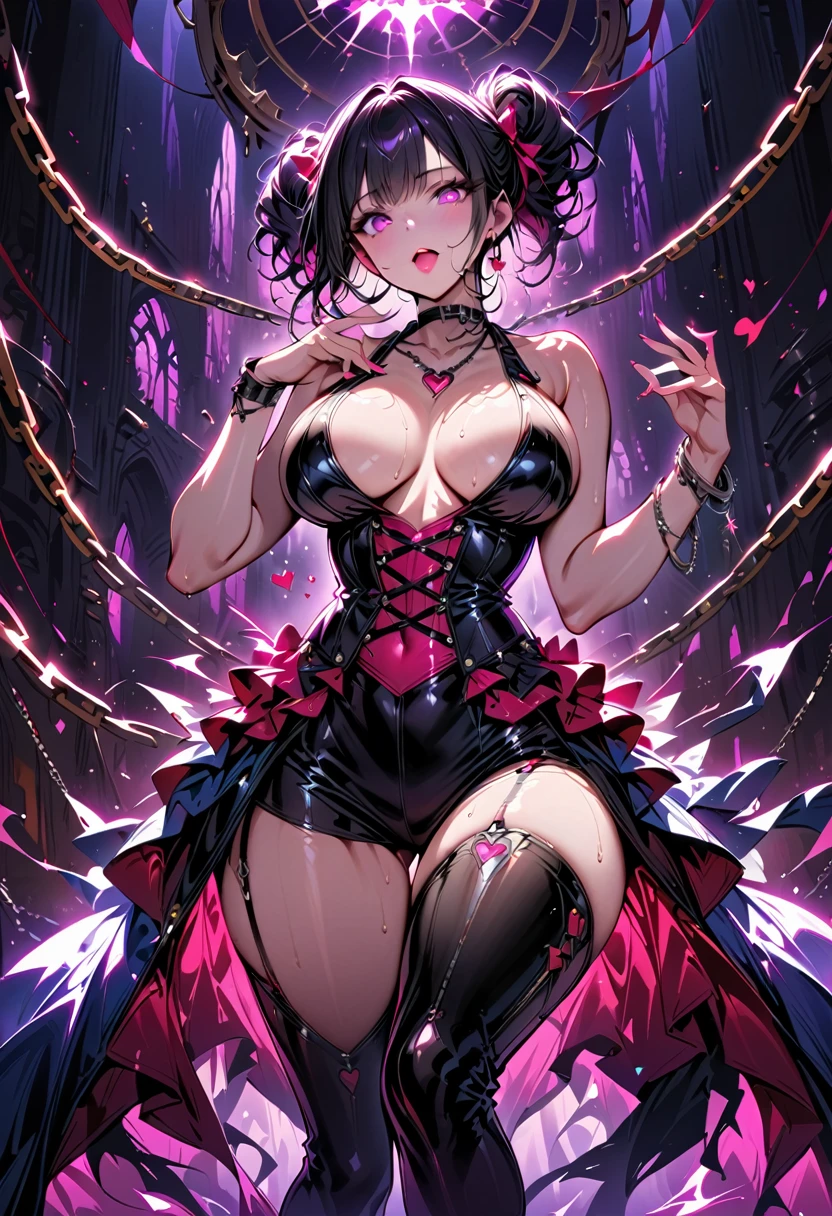 One young and beautiful woman,(Highest quality,Extremely detailed depiction,Incredibly absurd high resolution,Anatomically accurate depiction,Nice hands,Perfect Fingers,Curvy Legs),(Glossのある肌,Oilskin),(Sexy Idol),(Sexy Idol衣装,Cute hairstyle,tights,heart,Chain Choker,boots,Gloss,Chain Accessories,Bracelet made of chain),eyelash,Sweat:0.8(Glowing pink eyes,Large Breasts,Moist pink lips,Mouth open,Red face,Seductive gestures),