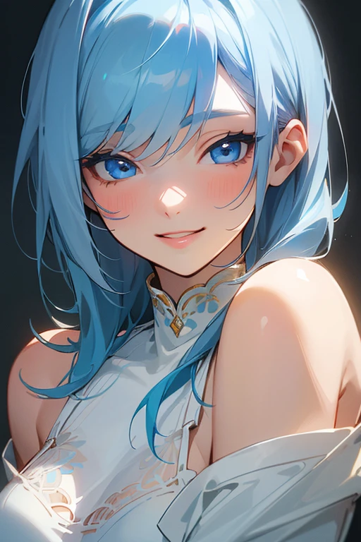 (masterpiece: 1.2, Highest quality), (Actual Photos, Intricate details), 1. woman, alone, Upper Body, casual, Shoulder-length hair, Minimal makeup, Natural materials, Face close-up, smile, Home, (Light blue hair).blue eyes, Shoulder Bare、Smiling with teeth showing、(In the gap between my breasts).((Kiss with your eyes closed)).