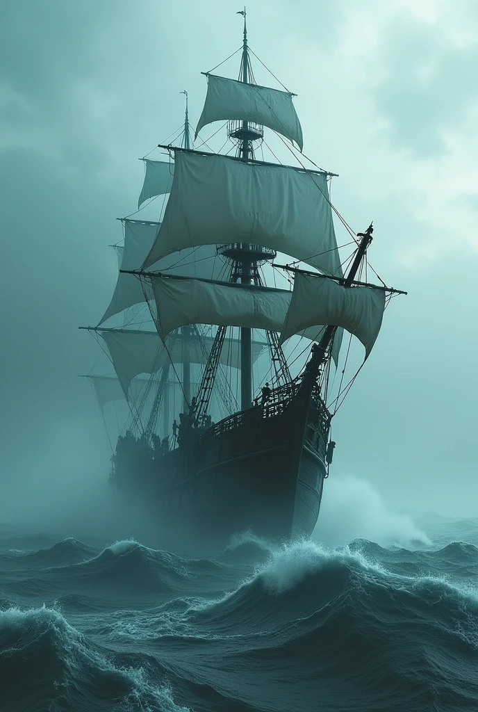 ghost ship over the seas, dark ship, ghost, macabre ship. realistic sea, 4k