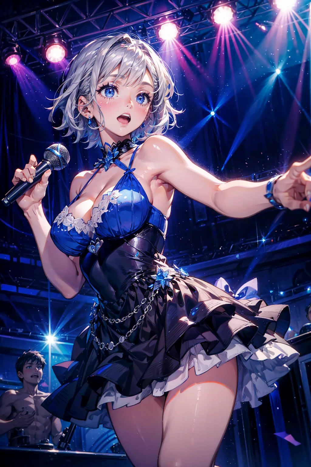 1girl,cute,silver short hair,blue eyes,big breast,cleavage,dress,singing,have a microphone,at stage,