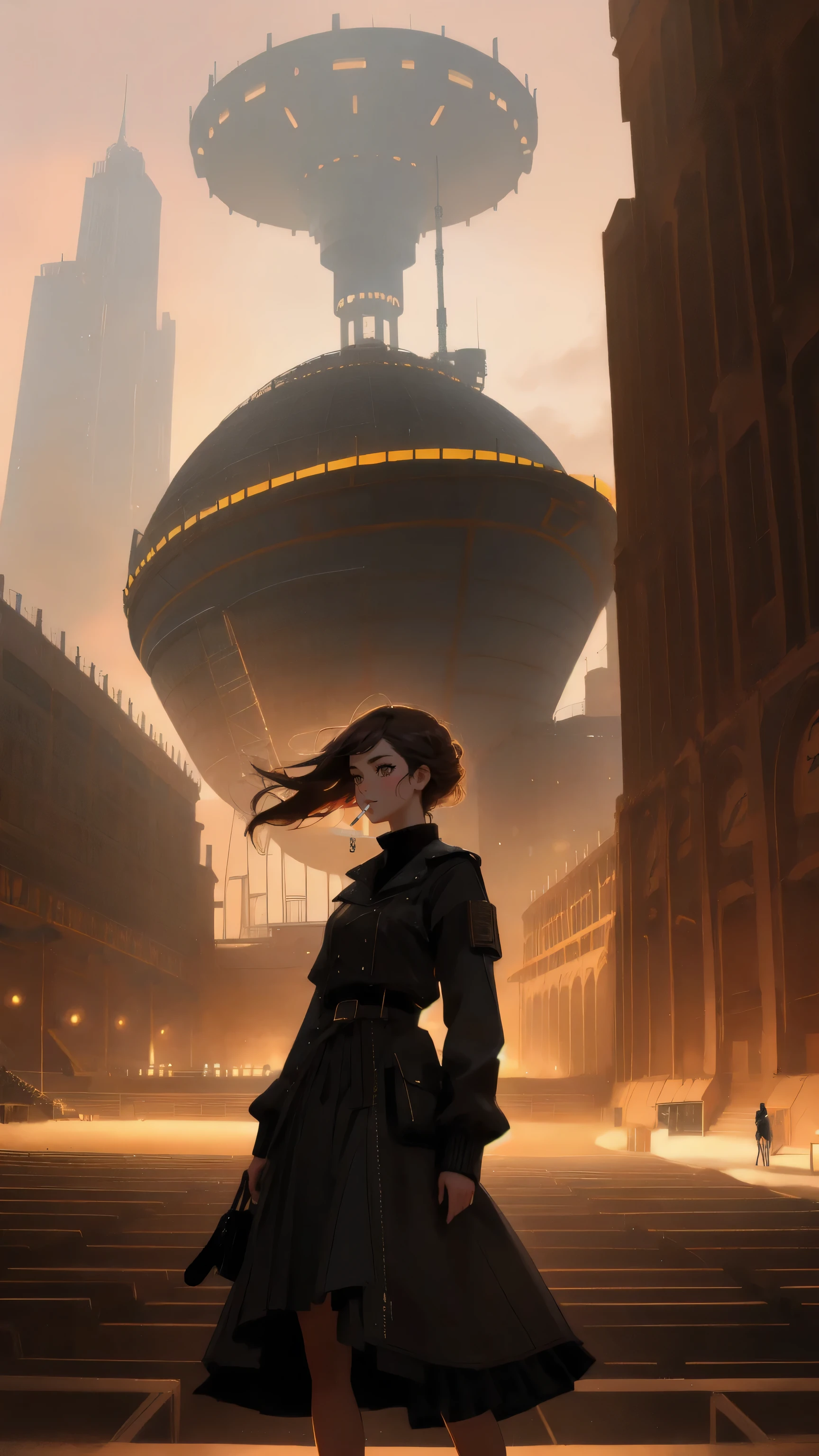 A cute, beautiful girl with a playful expression, standing triumphantly in the middle of a grand, dusty arena under a moody sky. The arena is surrounded by towering, curved structures with rows of windows and small balconies. The girl is styled with tattoos in a quirky, exaggerated anime style, holding a cigarette in her mouth, exuding a bold and confident vibe. The large letters 'GM' are displayed prominently, partially covering the scene, contributing to the dramatic composition. Inspired by the same artistic themes as the original, with an epic, full-color illustration that brings a humorous and surreal feel to the image. Background must be brown.