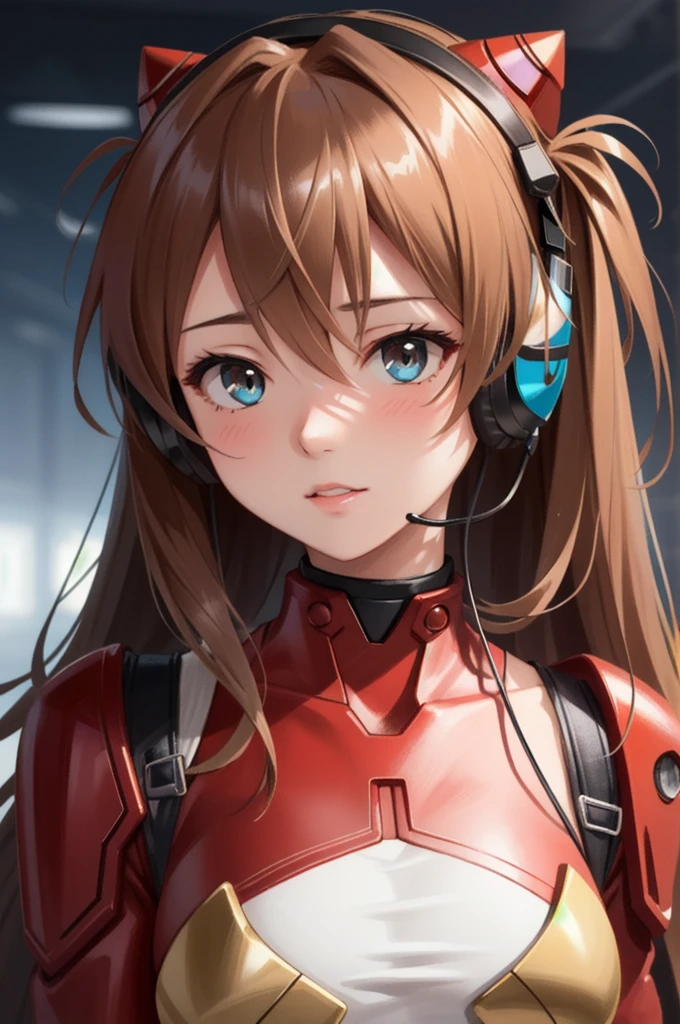 A highly detailed portrait of 1 girl, Souryu Asuka Langley, wearing interface headphones, intricate details, masterpiece, 8k, ultra-detailed, photorealistic, vivid colors, dramatic lighting, sharp focus, physically-based rendering, concept art, science fiction