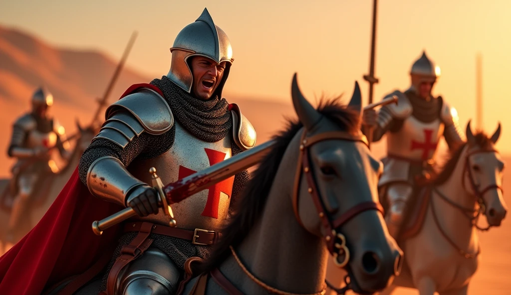 A highly realistic, high-contrast, 8K HD, detailed, hyper-detailed image. Depicting the moment when a Crusader knight is struck by an enemy's sword on a desert battlefield. The knight, fully armored and bearing a red cross emblem, is shown in the precise moment the sword deeply cuts into his armor, with shock and pain evident in his eyes. The enemy knight, also fully armored, wields the sword with fierce determination, their face obscured by a helmet. Blood sprays from the wound, and the background hints at the ongoing battle with other knights faintly visible. The desert sunset casts a red hue, dramatically lighting the scene and emphasizing the intensity and desperation of the moment. The image is of the highest quality, with ultra-high resolution, RAW photo quality, and Unreal Engine rendering, capturing the raw emotion and action of the battlefield.