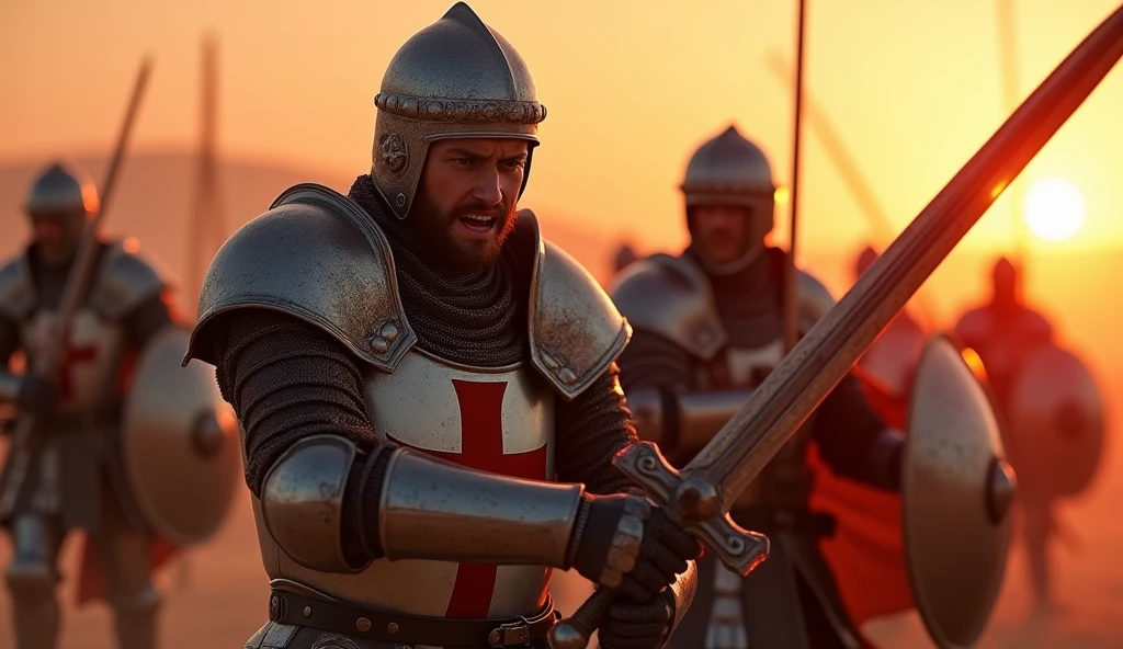 A highly realistic, high-contrast, 8K HD, detailed, hyper-detailed image. Depicting the moment when a Crusader knight is struck by an enemy's sword on a desert battlefield. The knight, fully armored and bearing a red cross emblem, is shown in the precise moment the sword deeply cuts into his armor, with shock and pain evident in his eyes. The enemy knight, also fully armored, wields the sword with fierce determination, their face obscured by a helmet. Blood sprays from the wound, and the background hints at the ongoing battle with other knights faintly visible. The desert sunset casts a red hue, dramatically lighting the scene and emphasizing the intensity and desperation of the moment. The image is of the highest quality, with ultra-high resolution, RAW photo quality, and Unreal Engine rendering, capturing the raw emotion and action of the battlefield.