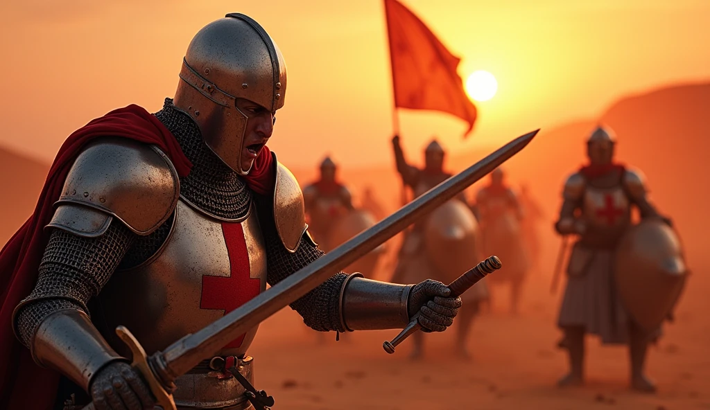 A highly realistic, high-contrast, 8K HD, detailed, hyper-detailed image. Depicting the moment when a Crusader knight is struck by an enemy's sword on a desert battlefield. The knight, fully armored and bearing a red cross emblem, is shown in the precise moment the sword deeply cuts into his armor, with shock and pain evident in his eyes. The enemy knight, also fully armored, wields the sword with fierce determination, their face obscured by a helmet. Blood sprays from the wound, and the background hints at the ongoing battle with other knights faintly visible. The desert sunset casts a red hue, dramatically lighting the scene and emphasizing the intensity and desperation of the moment. The image is of the highest quality, with ultra-high resolution, RAW photo quality, and Unreal Engine rendering, capturing the raw emotion and action of the battlefield.
