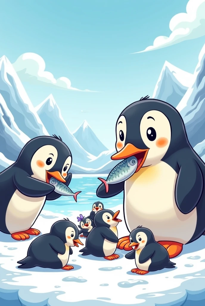 Penguins feeding on fish while their babies play, cartoon