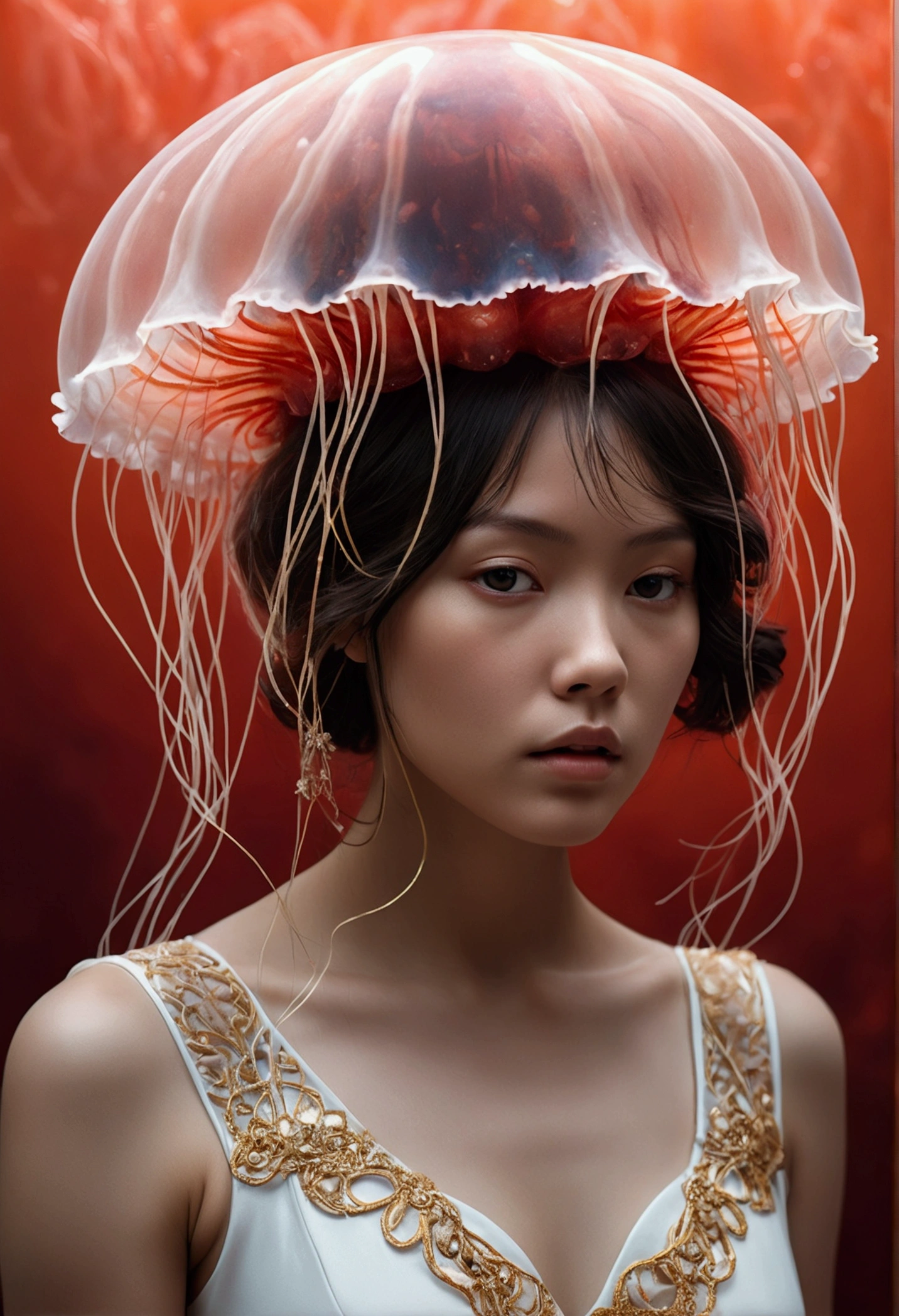 photo RAW, (White and red : Portrait of a ghostly jellyfish, shiny aura, highly detailed, gold filigree, intricate motifs, organic tracery, by Android jones, Januz Miralles, Hikari Shimoda, glowing stardust by W. Zelmer, perfect composition, smooth, sharp focus, sparkling particles, lively coral reef background Realistic, realism, hd, 35mm photograph, 8k), masterpiece, award winning photography, natural light, perfect composition, high detail, hyper realistic