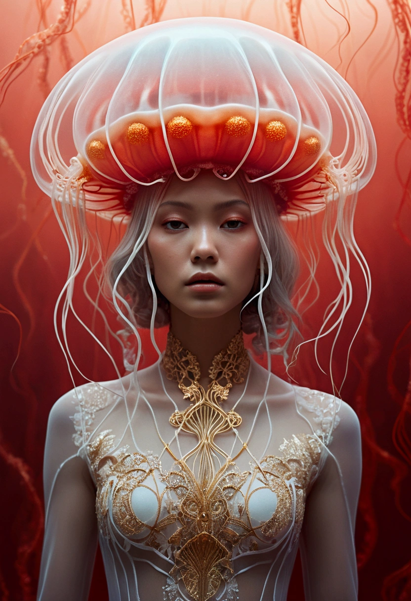 photo RAW, (White and red : Portrait of a ghostly jellyfish, shiny aura, highly detailed, gold filigree, intricate motifs, organic tracery, by Android jones, Januz Miralles, Hikari Shimoda, glowing stardust by W. Zelmer, perfect composition, smooth, sharp focus, sparkling particles, lively coral reef background Realistic, realism, hd, 35mm photograph, 8k), masterpiece, award winning photography, natural light, perfect composition, high detail, hyper realistic