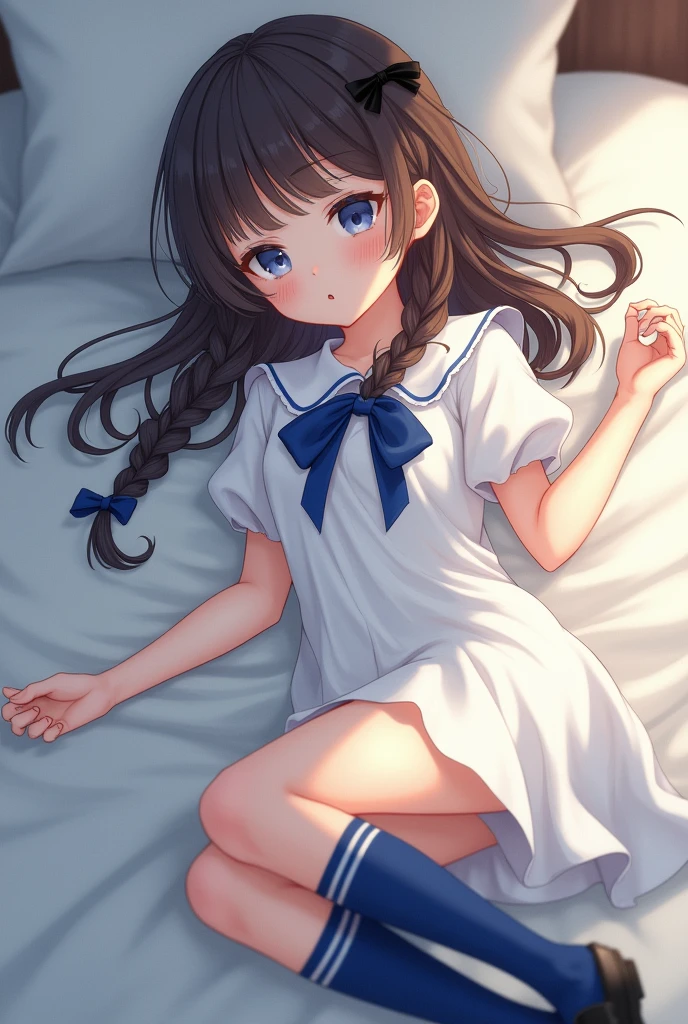Pale skin, dark blue eyes. Brown hair, bangs tied into two braids. Bangs up to her eyelids, She wears a black hairpin, Her dress is white with a blue bow around her neck., His socks are blue with a white stripe on the top., shoes are black. Her braids are finally tied with two small blue bows.. 1.30 tall, lying on a bed