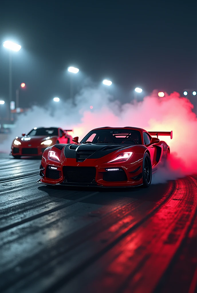 Red and black cars、Drifting、Brake marks、The car lights are on、During the race、