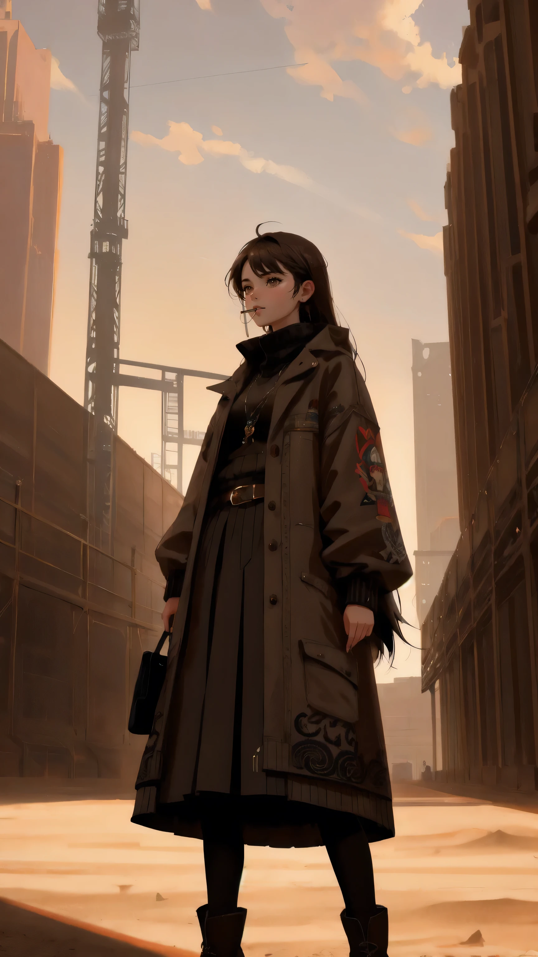 A cute, beautiful girl with a playful expression, standing in a grand, dusty arena under a moody, brown sky. The arena is surrounded by towering, curved structures with rows of windows and small balconies. The girl is styled with intricate tattoos, holding a cigarette in her mouth, and exuding a bold, confident vibe. The large letters 'GM' and the phrase 'Permanent Temporary Fix' are prominently displayed, partially covering the scene, adding to the dramatic composition. The entire image is rendered in an epic, full-color illustration with a quirky, exaggerated anime style. Background must be brown.