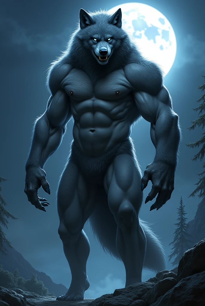 Alpha fenrir 14 foot tall, werewolf , smirking, no shoes,, light blue eyes, muscular built, abs, furry, grey and black fur, ght, full moon, werewolf, tail, attractive pose, fucking
