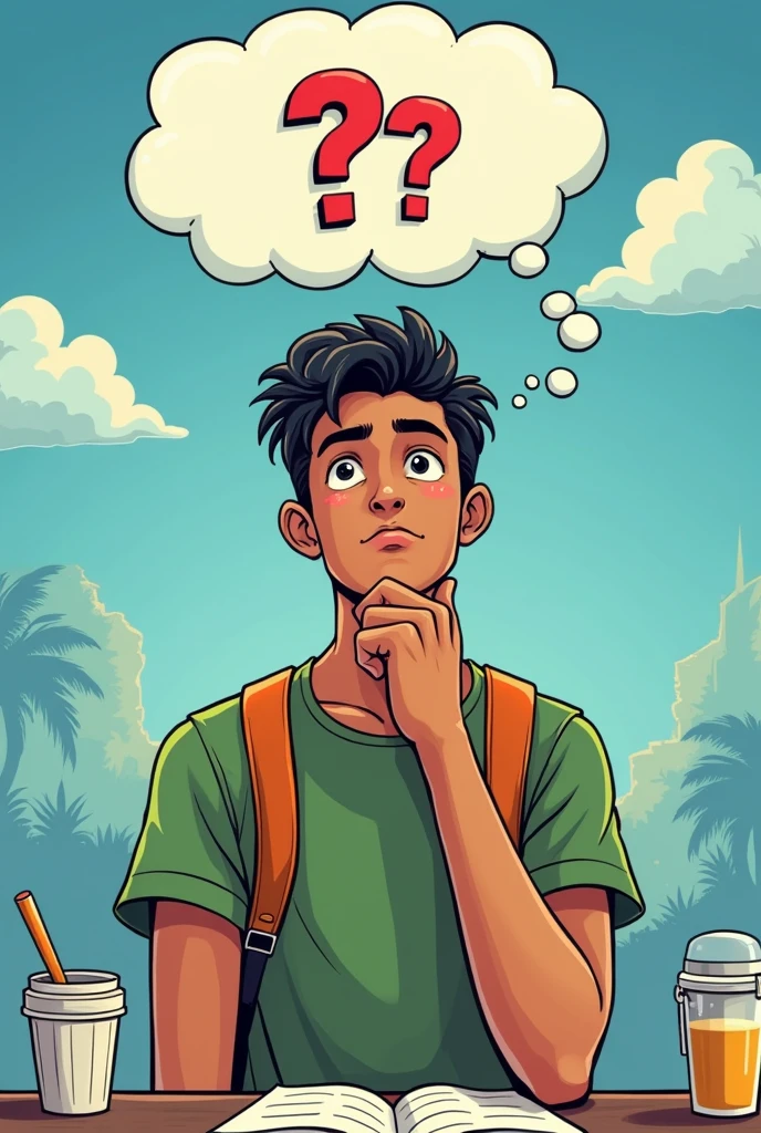 a Brazilian student pondering the question of which career he wants to pursue. The image must be in comic format.