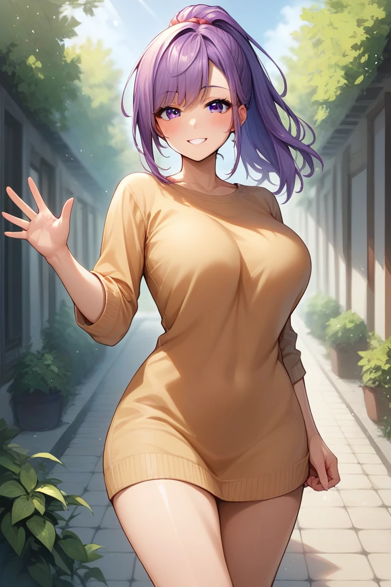 score_9, score_8_up, score_7_up, score_6_up, score_5_up, score_4_up, rating_questionable, , source_anime, digital illustration, pixiv, fanbox, uncensored, , BREAK, official art, 1girl, solo, female, sung jinah, purple eyes, purple hair, ponytail, light smile, waving,, , outdoors, blush, cowboy shot, looking at viewer, big breast