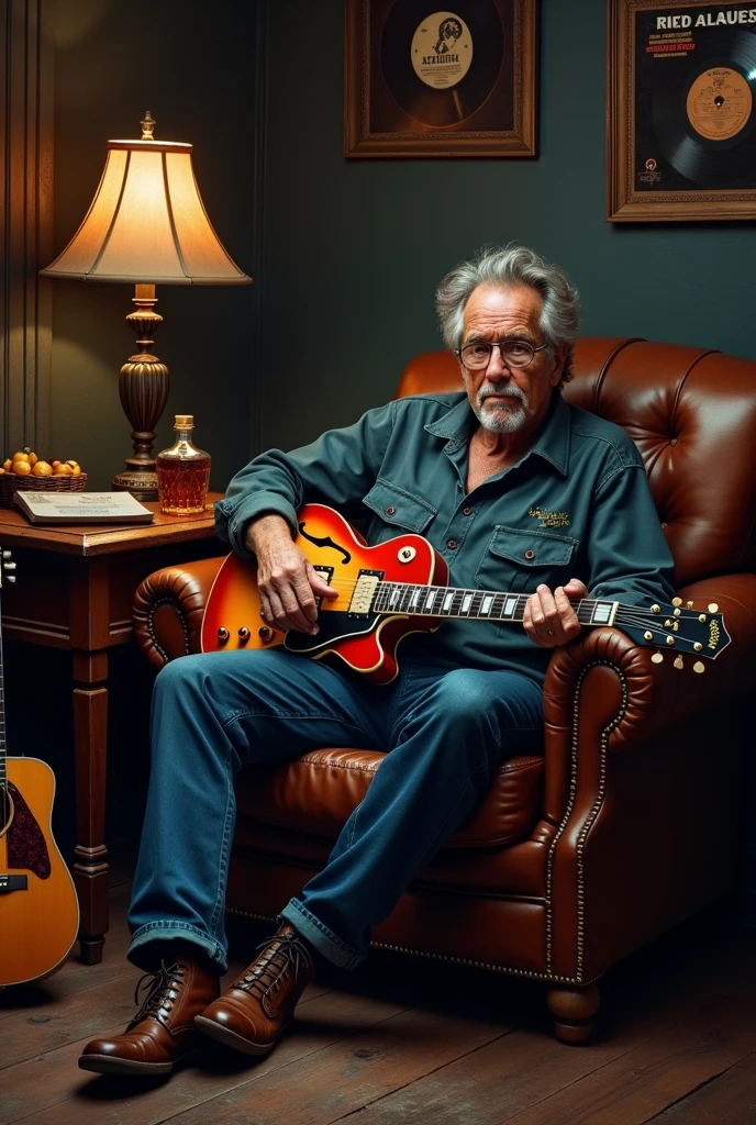 I want a blues player sitting on the couch with bottles of whiskey and his Gibson electric guitar by his side, the whiskey bottles have to appear next to the guitar, and next to it blues records by Eric Clapton and Albert King.