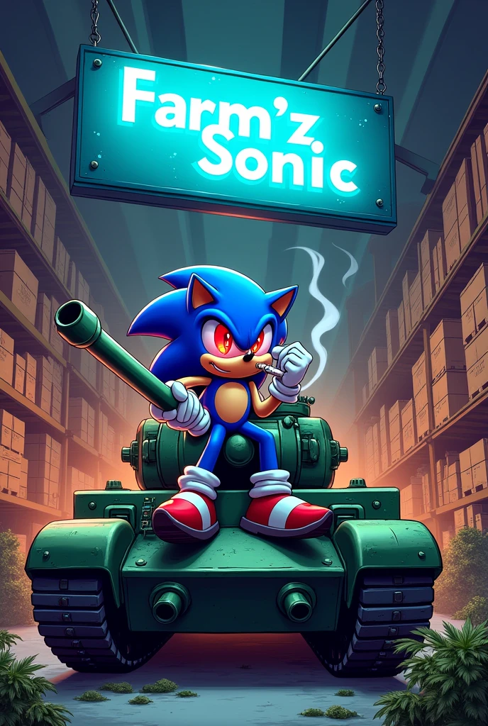 entrepôt avec beaucoup de cargaison de weed et il y'a ecrit Farm'z Sonic en bleu en haut sur une grande pancarte et je veux qu'il y'a sonic avec les yeux rouge qui fume un joint assis sur un tank en cartoon