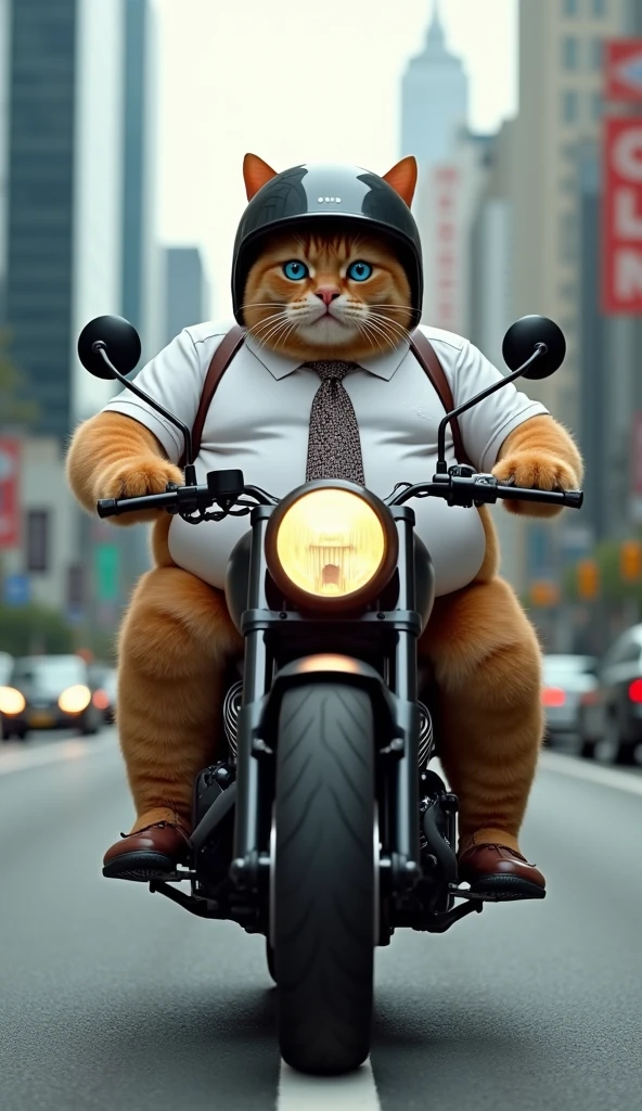 Make a picture of a fat obese orange cat, blue eyes, wear cool clothes, shoes and tie, riding a motorbike wearing a standard helmet, facing the camera, against the backdrop of a modern city, full body, wide, super realistic 8k images