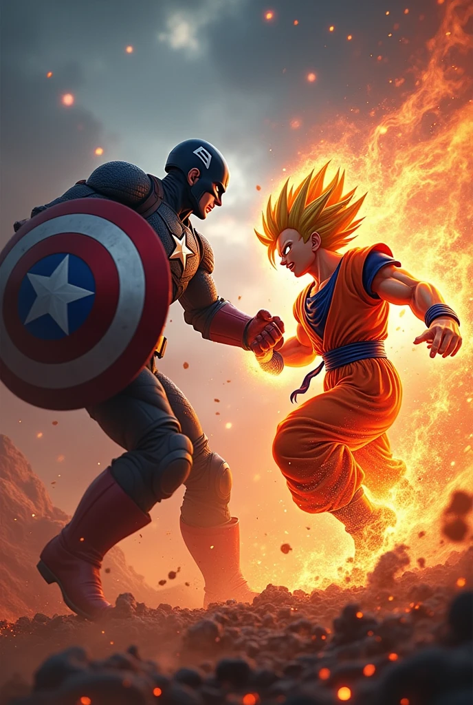 Goku Ultra Instinct vs Captain America, both were furious on the battlefield with fire surrounding them.