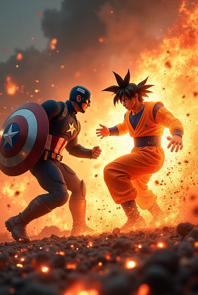 Goku Ultra Instinct vs Captain America, both were furious on the battlefield with fire surrounding them.