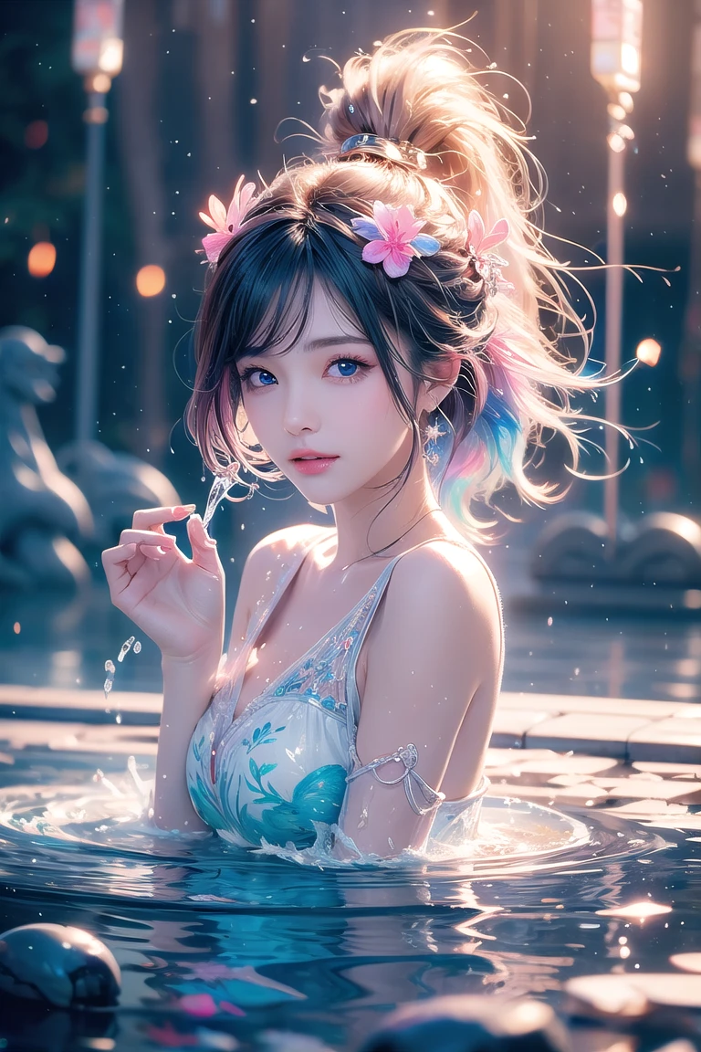 1 Girl, female water spirit, watercolor hair, There is spring water inside, Put a few drops of water on your skin,